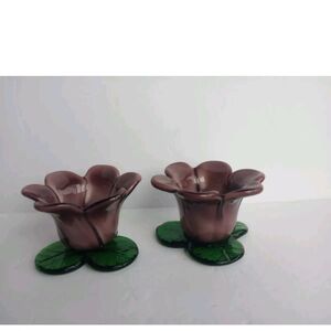 2 Art Glass Tulip Flower Votive Candle Holder Handblown Purple